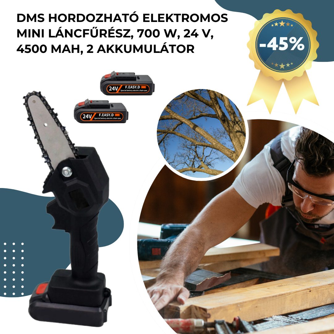 Hordozható elektromos 4″ mini láncfűrész, 700 W, 24 V, 4500 mAh, (2 akkumulátor/elem)