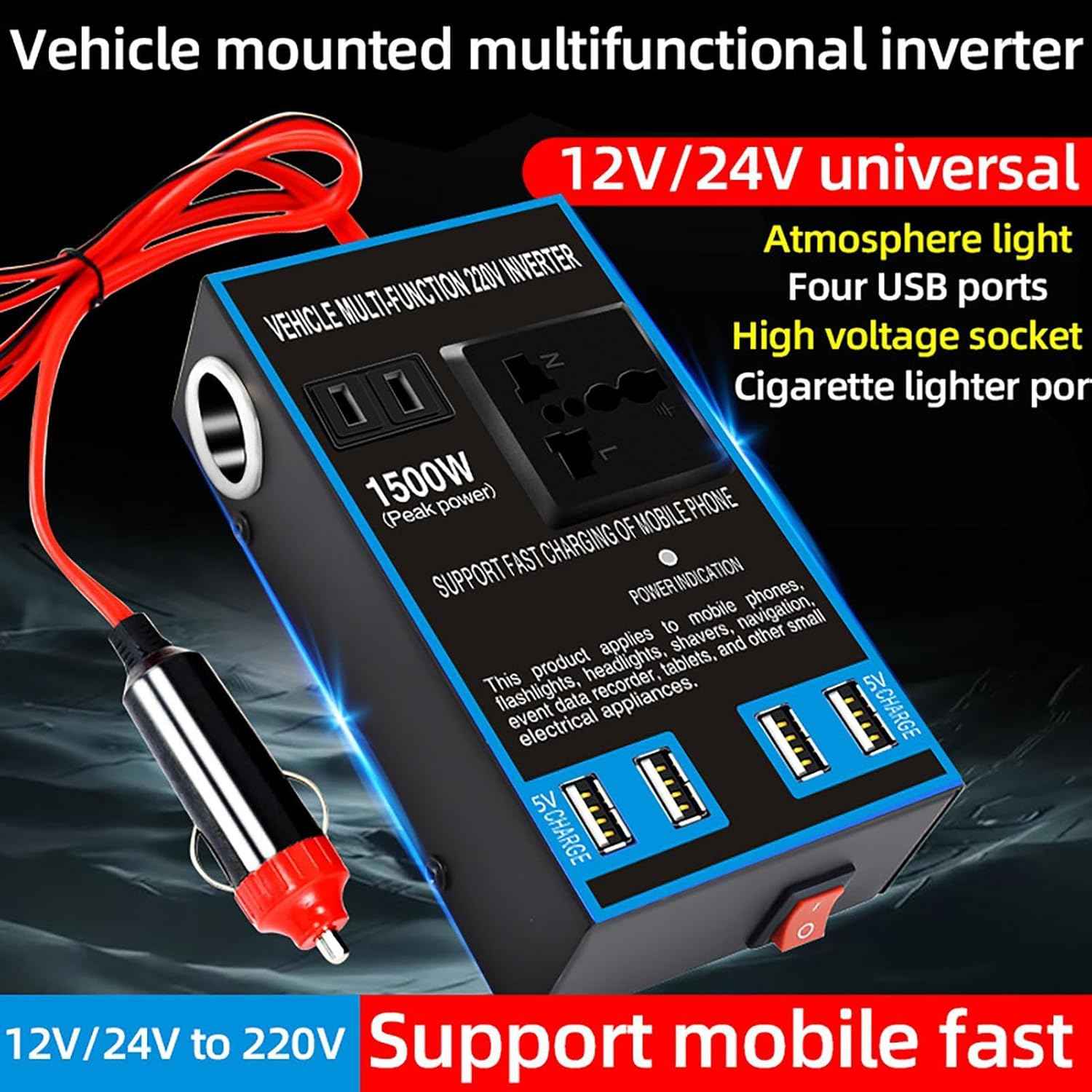 1500 W-os autós inverter 12 V-ról 24 V-ra 220 V-ra - Image 4