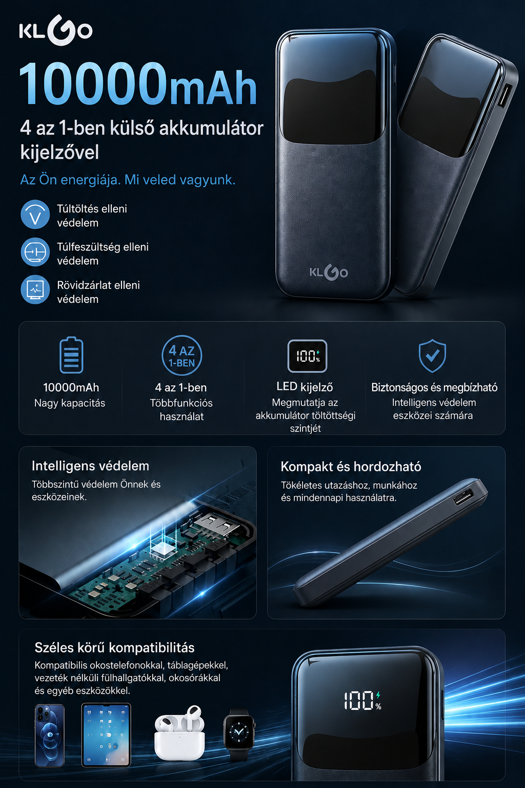KLGO PowerFlex 10K™ KP-37, 4 az 1-ben 10000mAh-s külső akkumulátor kijelzővel - 6. kép