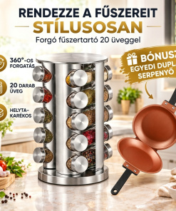 ÉlanSpice 20™ forgatható fűszertartó 20 üvegcsével + BÓNUSZ: egyedi dupla serpenyő