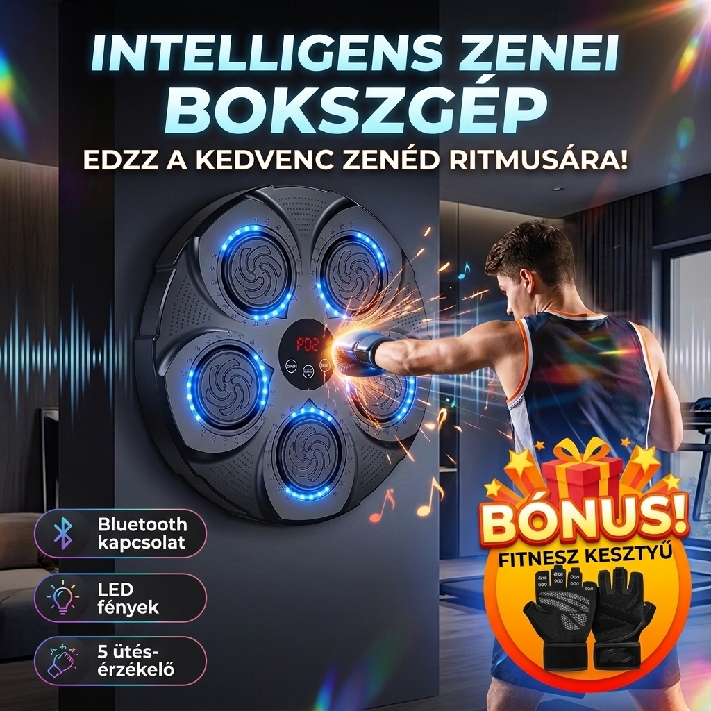 PunchBeat Rhythm™ zenés bokszgép fényeffektekkel, 5 célponttal, bokszkesztyűvel és BÓNUSZ fitneszkesztyűvel