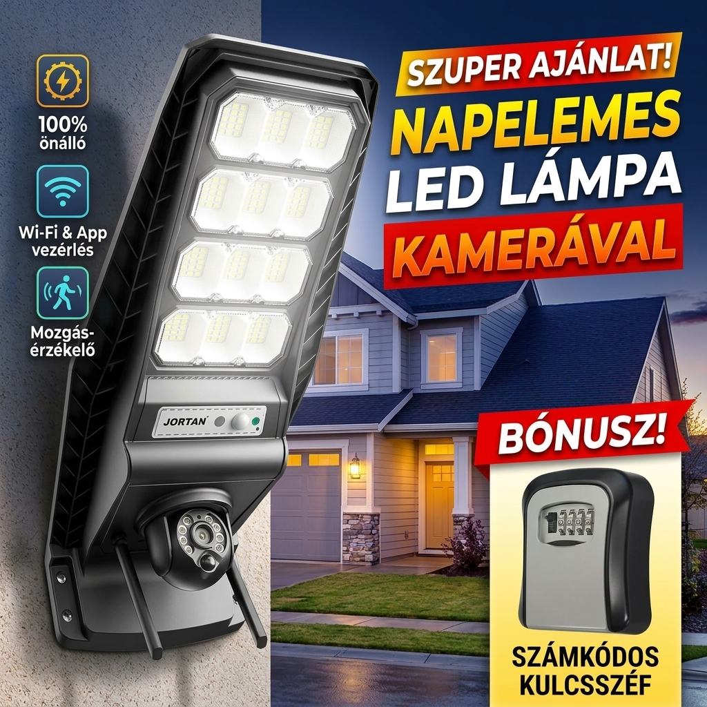 SolarGuard Vision Solar™ 1800 W-os napelemes utcai lámpa beépített CCTV-kamerával + BÓNUSZ: Kódos kulcstartó doboz